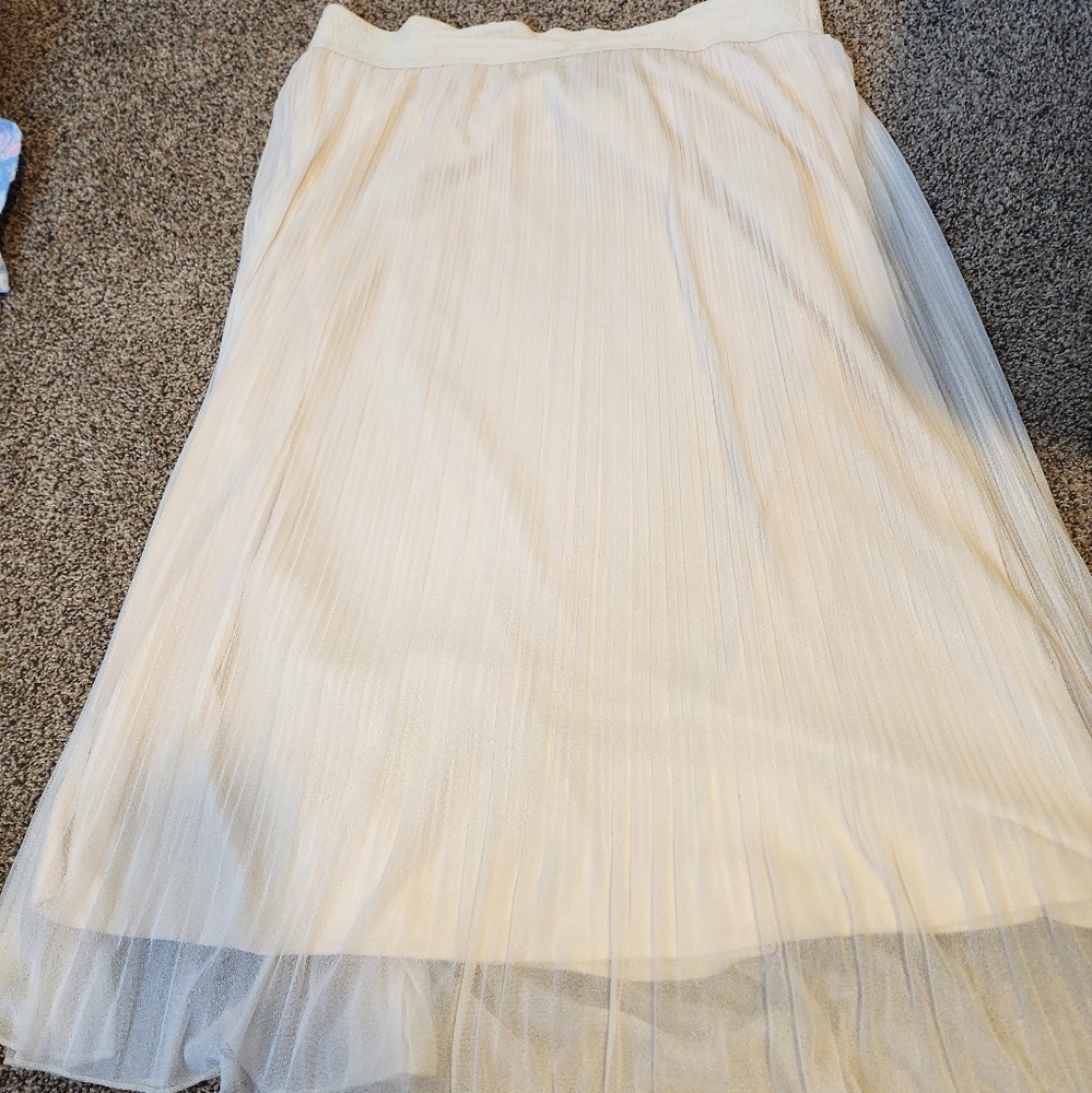 Andi + James Sheer Maxi Pleated Skirt With Lining, Cream, Elastic Waist, Womens